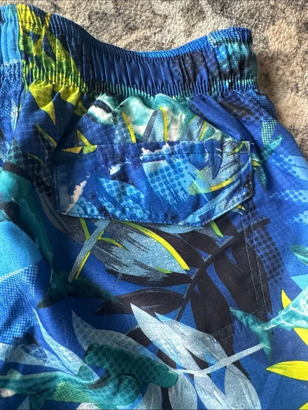 Boys Blue Tropical Swim Trunks with Neon Accents
